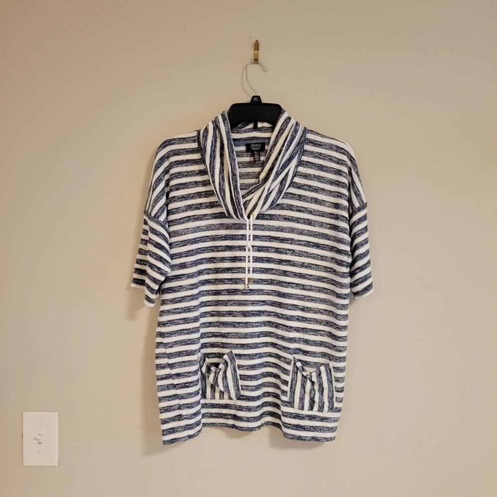 Jones New York Short Sleeve Tie Striped Cowl Neck Top